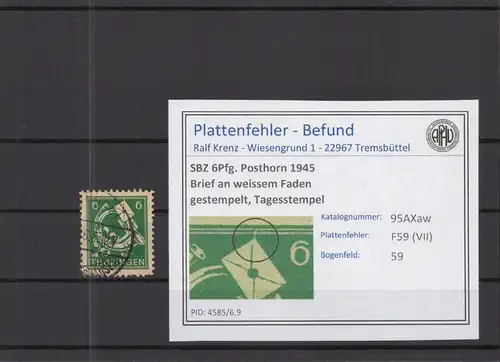 SBZ 1945 PLATTENFEHLER Nr 95AXaw VII gestempelt (218382)