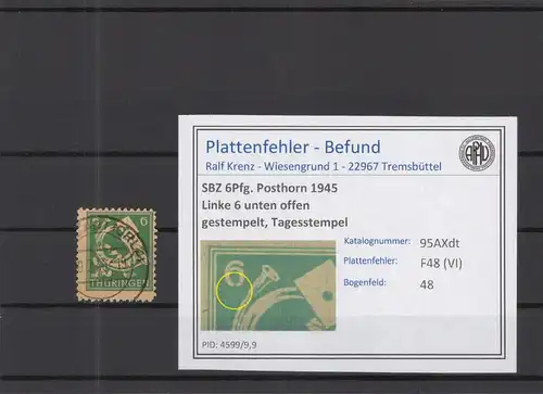 SBZ 1945 PLATTENFEHLER Nr 95AXdt VI gestempelt (218391)