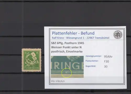 SBZ 1945 PLATTENFEHLER Nr 95AXv F30 postfrisch (218399)