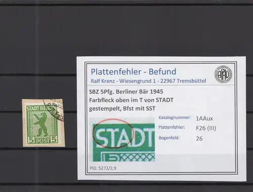 SBZ 1945 PLATTENFEHLER Nr 1AAux III gestempelt (218413)