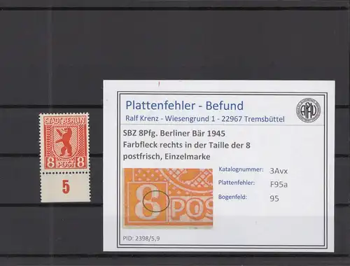 SBZ 1945 PLATTENFEHLER Nr 3Avx F95a postfrisch (218417)