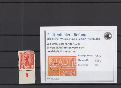 SBZ 1945 PLATTENFEHLER Nr 3Avx F95b postfrisch (218419)
