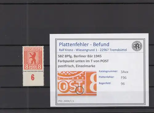 SBZ 1945 PLATTENFEHLER Nr 3Avx F96 postfrisch (218422)