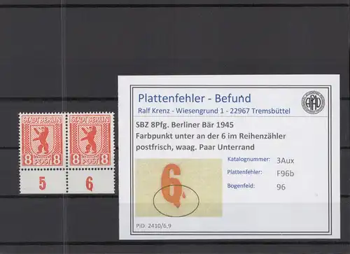 SBZ 1945 PLATTENFEHLER Nr 3Aux F96a postfrisch (218427)