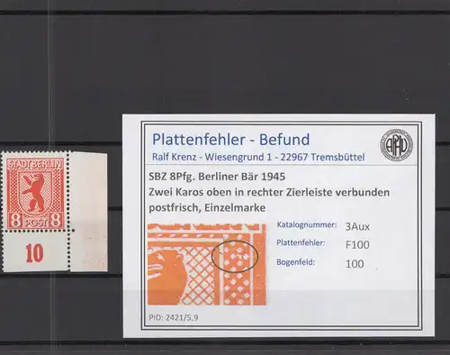 SBZ 1945 PLATTENFEHLER Nr 3Aux F100 postfrisch (218437)