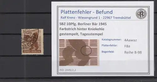 SBZ 1945 PLATTENFEHLER Nr 4Awbz F8a gestempelt (218443)
