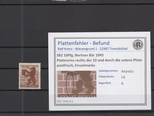 SBZ 1945 PLATTENFEHLER Nr 4Awbz F8 postfrisch (218448)