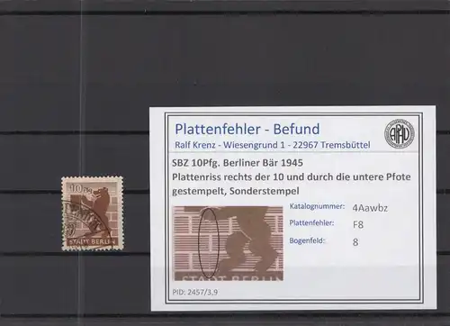 SBZ 1945 PLATTENFEHLER Nr 4Awbz F8 gestempelt (218449)