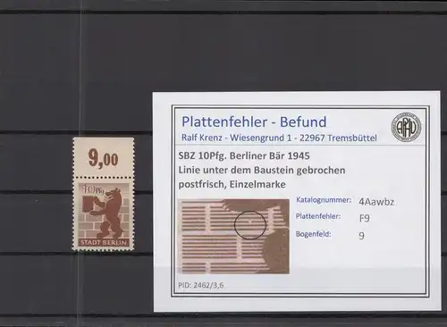 SBZ 1945 PLATTENFEHLER Nr 4Awbz F9 postfrisch (218452)