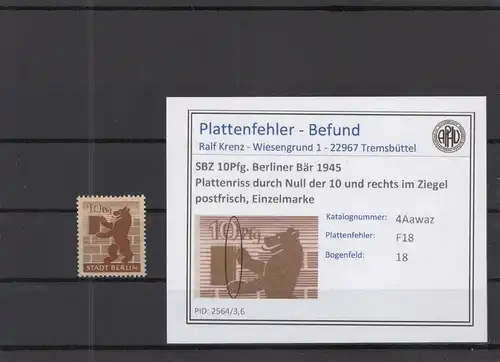 SBZ 1945 PLATTENFEHLER Nr 4Awaz F18 postfrisch (218457)