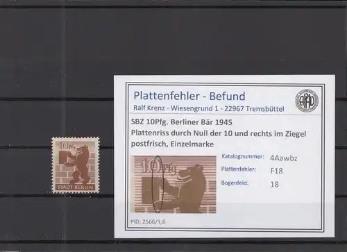 SBZ 1945 PLATTENFEHLER Nr 4Awbz F18 postfrisch (218459)
