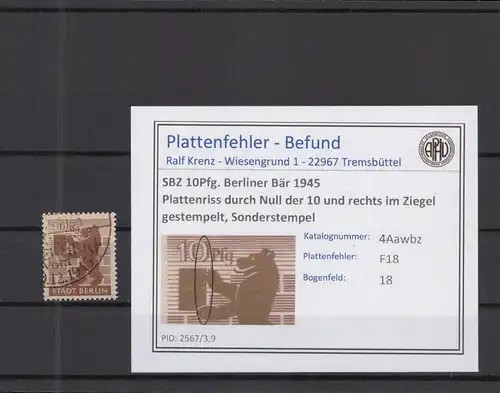 SBZ 1945 PLATTENFEHLER Nr 4Awbz F18 gestempelt (218460)