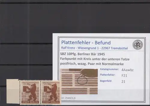 SBZ 1945 PLATTENFEHLER Nr 4Awbz F21 postfrisch (218462)