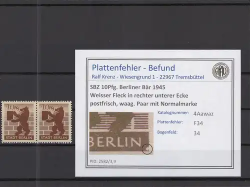 SBZ 1945 PLATTENFEHLER Nr 4Awaz F34 postfrisch (218469)