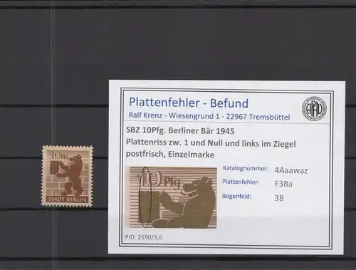 SBZ 1945 PLATTENFEHLER Nr 4Awaz F38a postfrisch (218472)