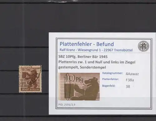 SBZ 1945 PLATTENFEHLER Nr 4Awaz F38a gestempelt (218473)