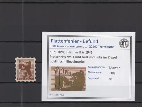 SBZ 1945 PLATTENFEHLER Nr 4Awbz F38a postfrisch (218474)