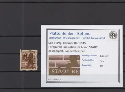 SBZ 1945 PLATTENFEHLER Nr 4Awaz F39 gestempelt (218476)