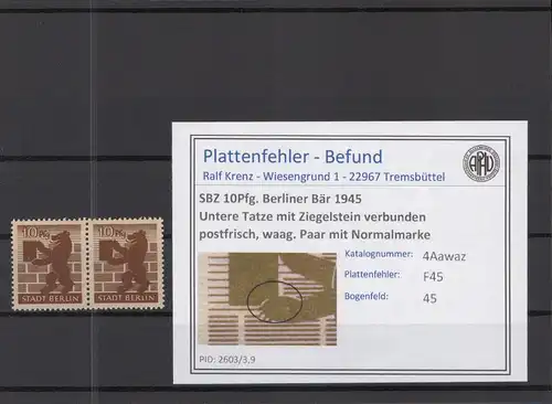 SBZ 1945 PLATTENFEHLER Nr 4Awaz F45 postfrisch (218480)
