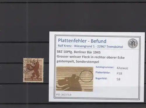 SBZ 1945 PLATTENFEHLER Nr 4Awaz F58 gestempelt (218488)