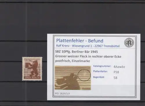 SBZ 1945 PLATTENFEHLER Nr 4Awbz F58 postfrisch (218489)
