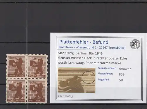 SBZ 1945 PLATTENFEHLER Nr 4Awbz F58 postfrisch (218490)