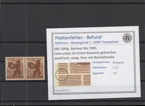 SBZ 1945 PLATTENFEHLER Nr 4Awaz F73 postfrisch (218496)