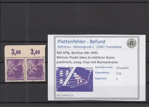 SBZ 1945 PLATTENFEHLER Nr 2Awbzt F5a postfrisch (218504)