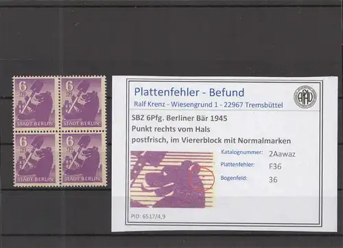 SBZ 1945 PLATTENFEHLER Nr 2Awaz F36 postfrisch (218513)