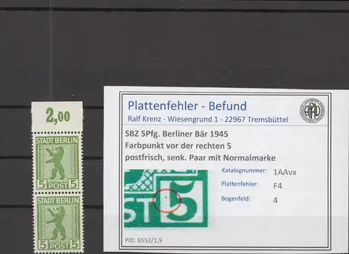SBZ 1945 PLATTENFEHLER Nr 1AAvx F4 postfrisch (218545)