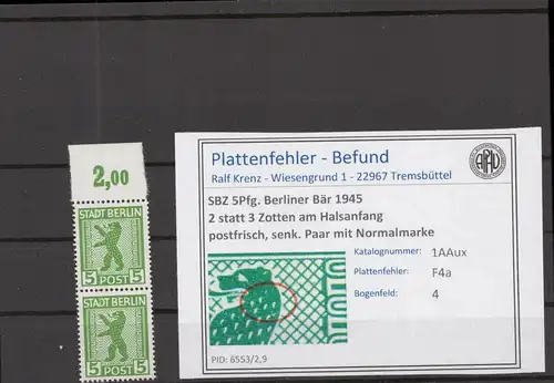 SBZ 1945 PLATTENFEHLER Nr 1AAux F4a postfrisch (218546)