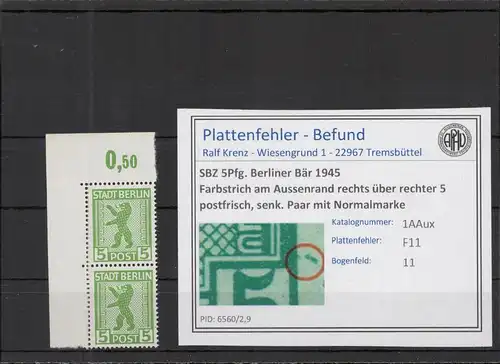 SBZ 1945 PLATTENFEHLER Nr 1AAux F11 postfrisch (218553)