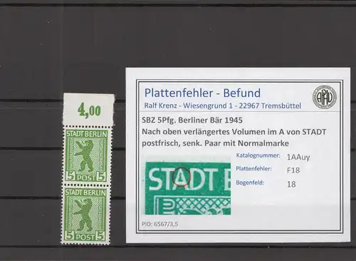 SBZ 1945 PLATTENFEHLER Nr 1AAuy F18 postfrisch (218559)