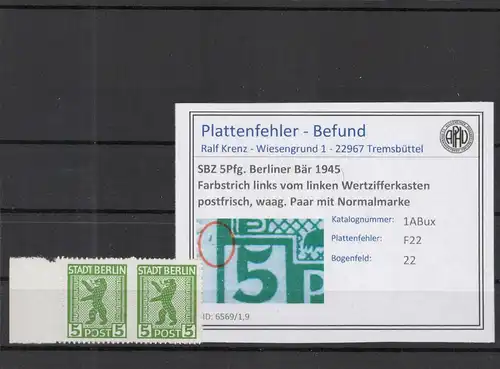 SBZ 1945 PLATTENFEHLER Nr 1ABux F22 postfrisch (218561)