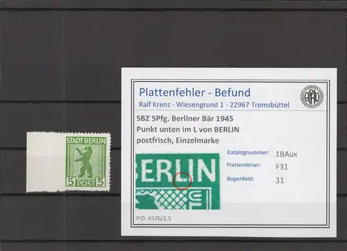 SBZ 1945 PLATTENFEHLER Nr 1ABux F31 postfrisch (218568)