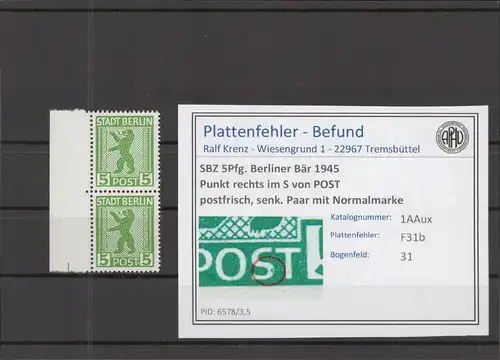 SBZ 1945 PLATTENFEHLER Nr 1AAux F31b postfrisch (218570)