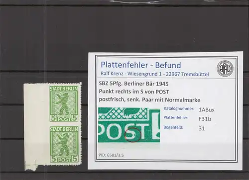 SBZ 1945 PLATTENFEHLER Nr 1ABux F31b postfrisch (218573)