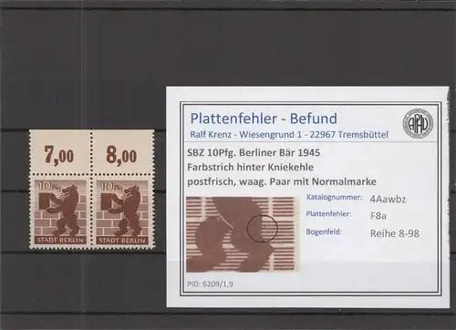 SBZ 1945 PLATTENFEHLER Nr 4Awbz F8a postfrisch (218645)