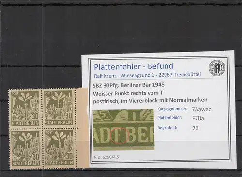 SBZ 1945 PLATTENFEHLER Nr 7Awaz F70a postfrisch (218665)