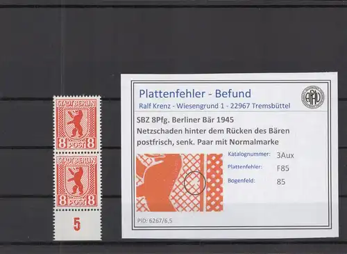 SBZ 1945 PLATTENFEHLER Nr 3Aux F85 postfrisch (218677)