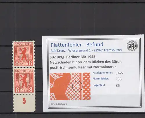 SBZ 1945 PLATTENFEHLER Nr 3Avx F85 postfrisch (218678)