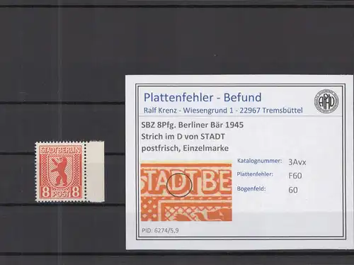 SBZ 1945 PLATTENFEHLER Nr 3Avx F60 postfrisch (218682)