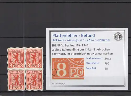 SBZ 1945 PLATTENFEHLER Nr 3Avx F65 postfrisch (218684)
