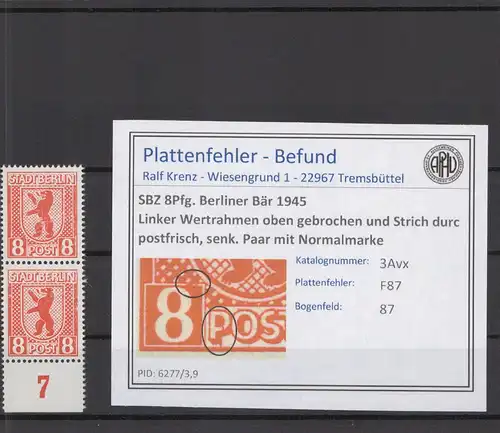 SBZ 1945 PLATTENFEHLER Nr 3Avx F87 postfrisch (218685)