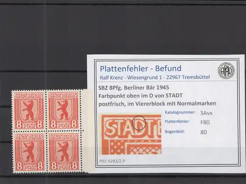 SBZ 1945 PLATTENFEHLER Nr 3Avx F80 postfrisch (218690)