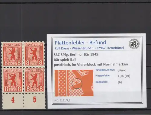 SBZ 1945 PLATTENFEHLER Nr 3Avx VI postfrisch (218696)