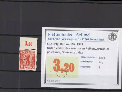 SBZ 1945 PLATTENFEHLER Nr 3Avx F4a postfrisch (218709)