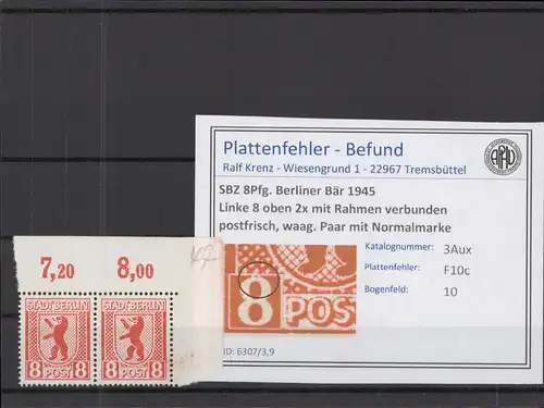 SBZ 1945 PLATTENFEHLER Nr 3Aux F10c postfrisch (218710)