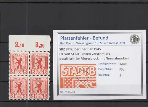 SBZ 1945 PLATTENFEHLER Nr 3Aux F3a postfrisch (218716)