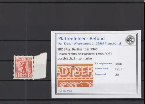 SBZ 1945 PLATTENFEHLER Nr 3Aux F20a postfrisch (218727)